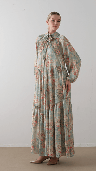 Bow Neck Chiffon Satin Dress – Green