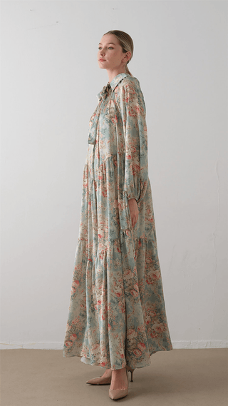 Bow Neck Chiffon Satin Dress – Green