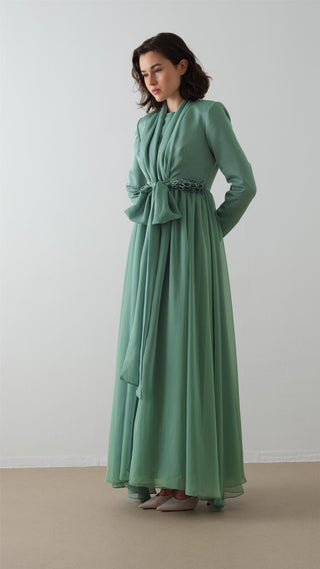 Scarf-Collar Jacket and Dress Set - Green