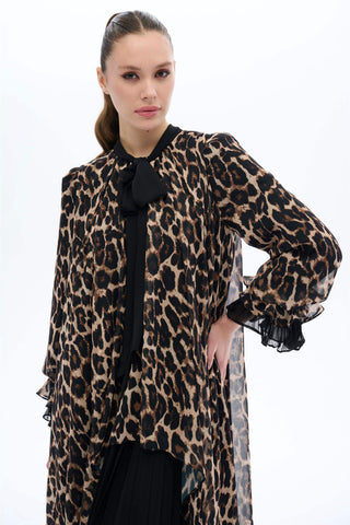 Camel Pleated Modest Dress with Scarf Collar and Animal Print