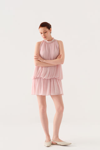 YAKASI İŞLEMELİ MİNİ ŞİFON ELBİSE Pembe