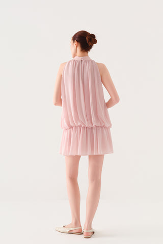 YAKASI İŞLEMELİ MİNİ ŞİFON ELBİSE Pembe