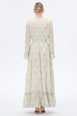 Gathered Neck & Cuff Floral Maxi Dress – Mint