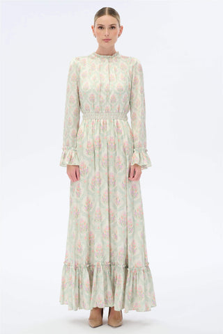 Gathered Neck & Cuff Floral Maxi Dress – Mint