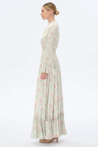 Gathered Neck & Cuff Floral Maxi Dress – Mint