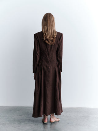 Linen Maxi Dress with Side Gathering - Brown