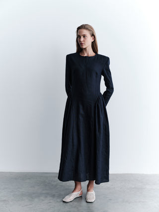 Linen Maxi Dress with Side Gathering - Navy
