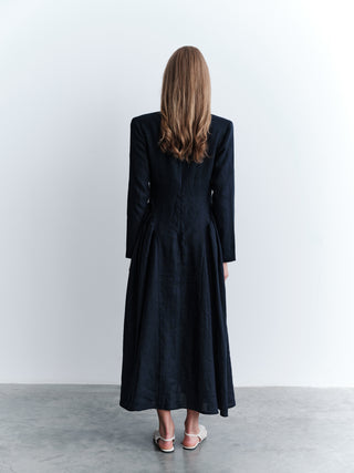 Linen Maxi Dress with Side Gathering - Navy