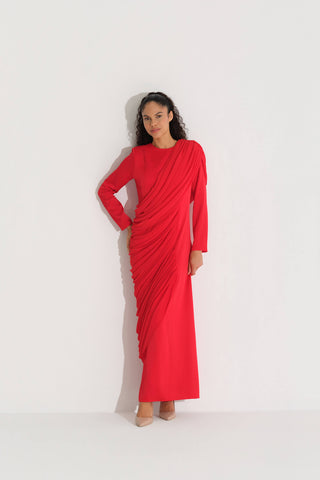 Cross-Draped Crepe Dress – Red