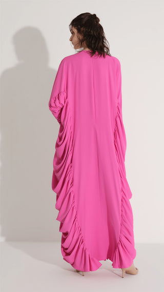 YANLARI BÜZGÜLÜ KAFTAN ELBİSE Fuşya