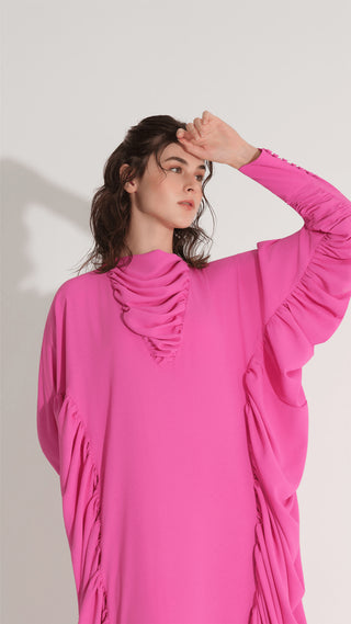 YANLARI BÜZGÜLÜ KAFTAN ELBİSE Fuşya