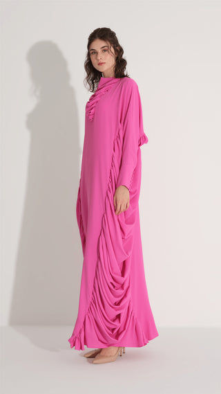 YANLARI BÜZGÜLÜ KAFTAN ELBİSE Fuşya
