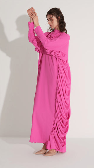 YANLARI BÜZGÜLÜ KAFTAN ELBİSE Fuşya