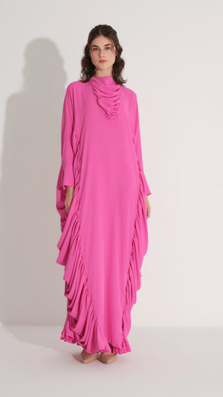 YANLARI BÜZGÜLÜ KAFTAN ELBİSE Fuşya