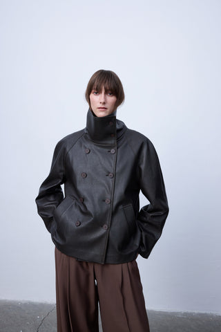 High-Collar Faux Leather Jacket – Black